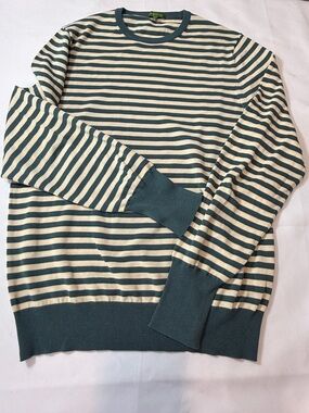 Sid Mashburn Green and Cream Striped Crewneck Sweater